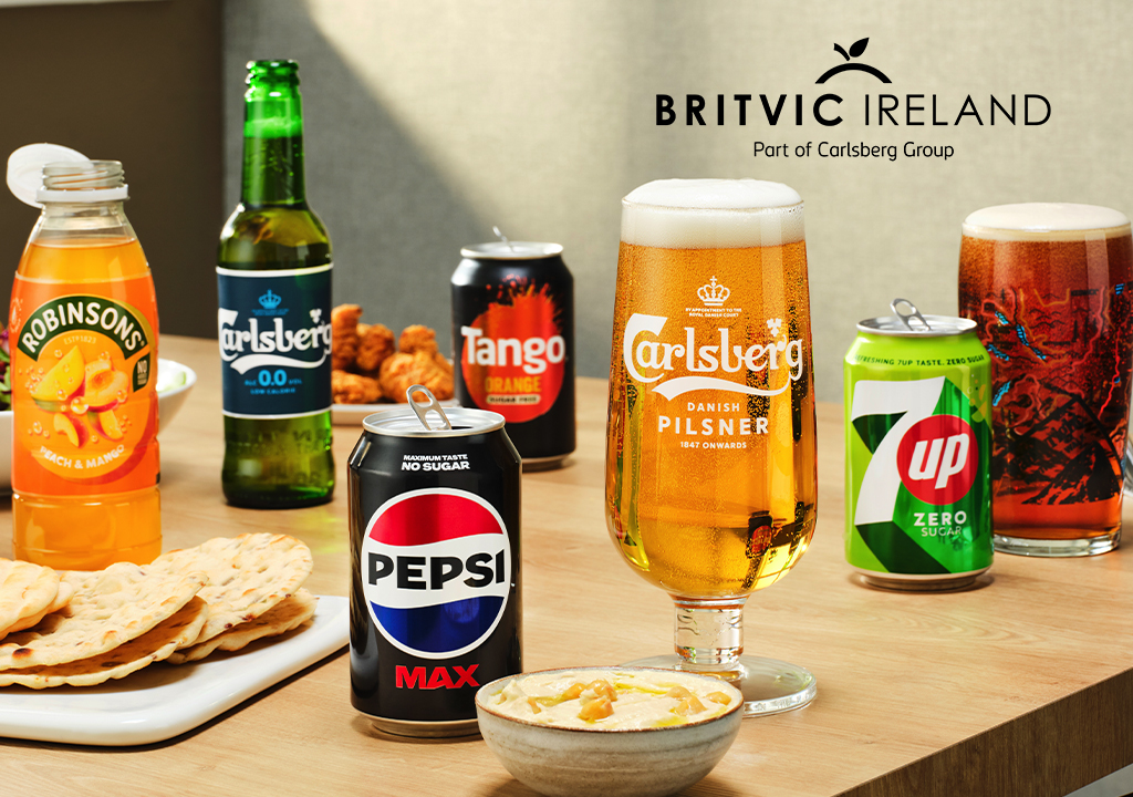 Britvic Ireland part of the carlsberg group, showcasing a variety of drinks on a table from soft drinks to beer