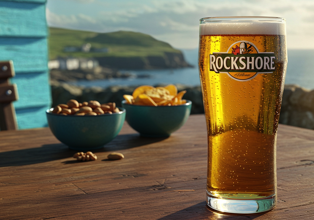Rockshore 0.0 out of home marketing, a Pint of of Rockshore on a table overlooking the sea.